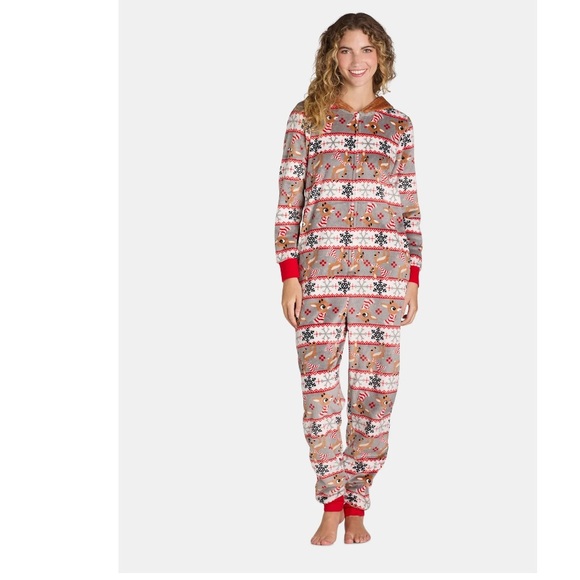 Rudolph The Red Nosed Reindeer Hooded Minky Union Suit Pajamas Women's Small - Picture 1 of 8